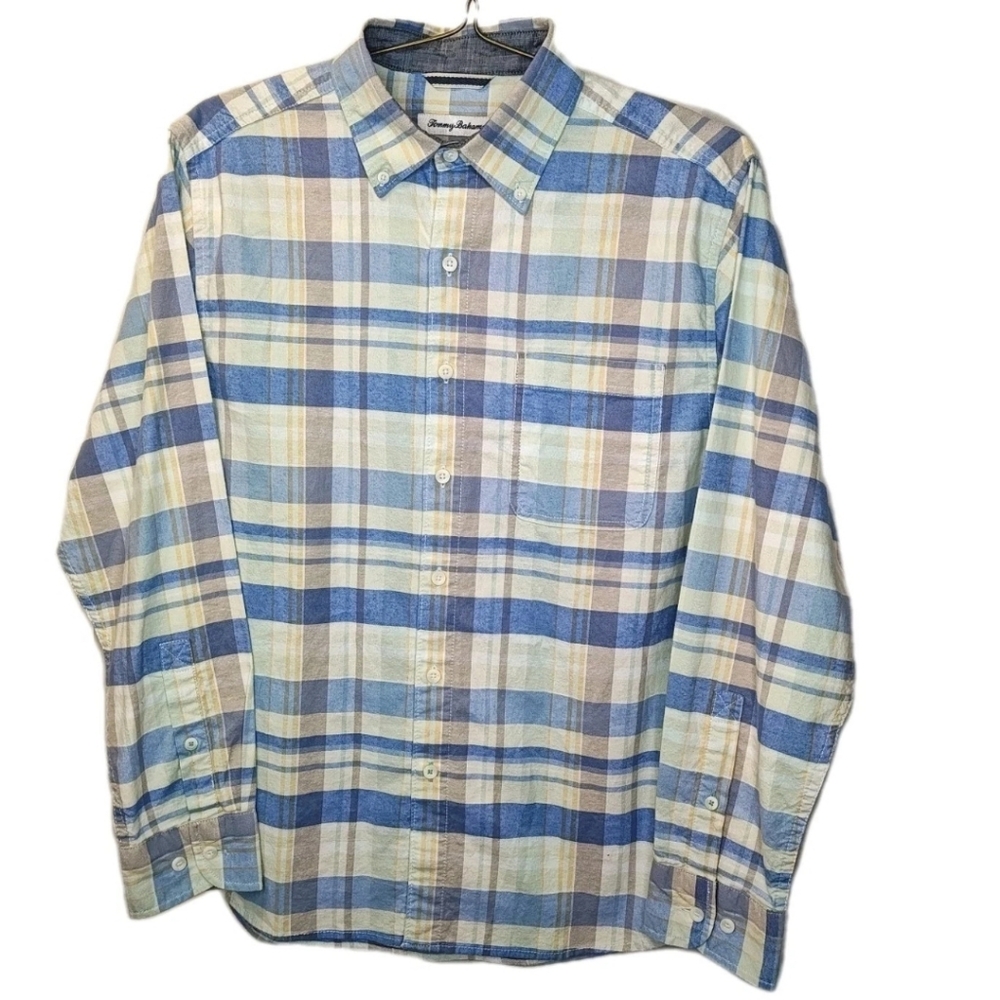 Tommy Bahama Flannel Shirt Men Small Blue Plaid Button Down Preppy Coastal - Picture 1 of 13